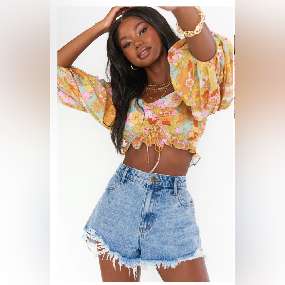Show Me Your MuMu Yellow Floral Puff-Sleeve Crop Top